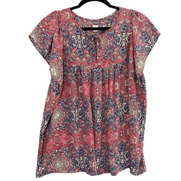 GAP Women Babydoll Blouse Short Cap Sleeves Sz XL Pink Flowy Boho Paisley 4-3 - Picture 1 of 8